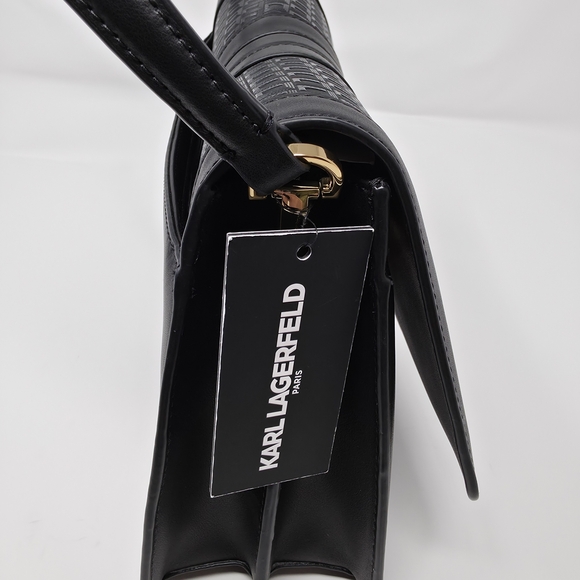 Karl Lagerfeld Paris Black Woven Leather Shoulder Bag Gold Clasp - Picture 6 of 10